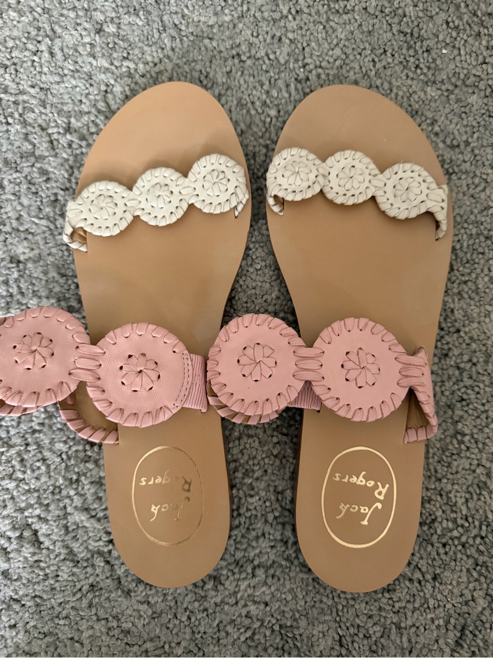 Jack Rogers Pink and White Scalloped Leather Slide Sandals